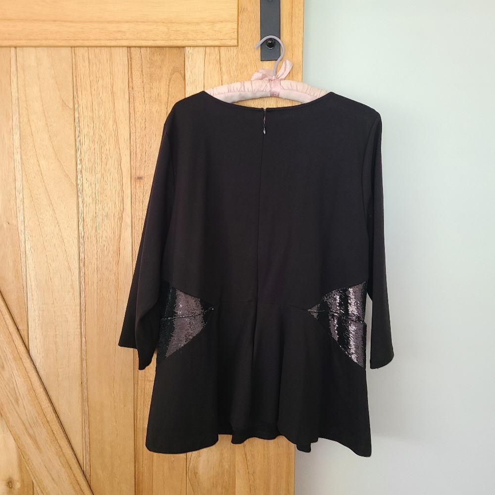 Eloquii Black Knit Peplum Top Sequin Waist & Shoulders Scoop Neck 3/4 Sleeves 24
